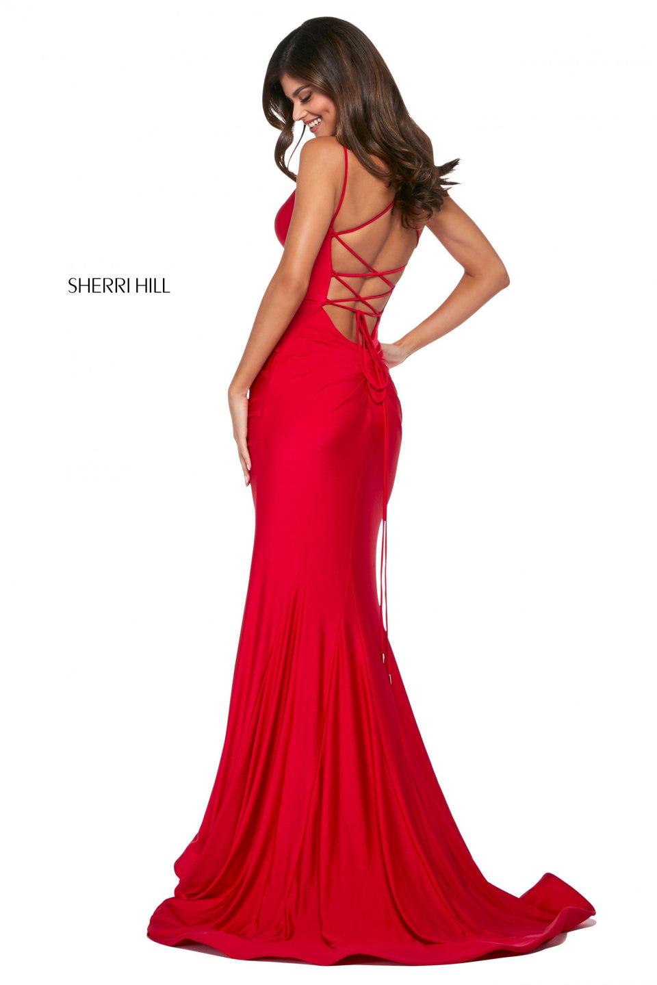 Sherri Hill Jersey Dress With V Sweetheart Neckline Strappy Lace Up Back And Ruched Lower Back And Hips
