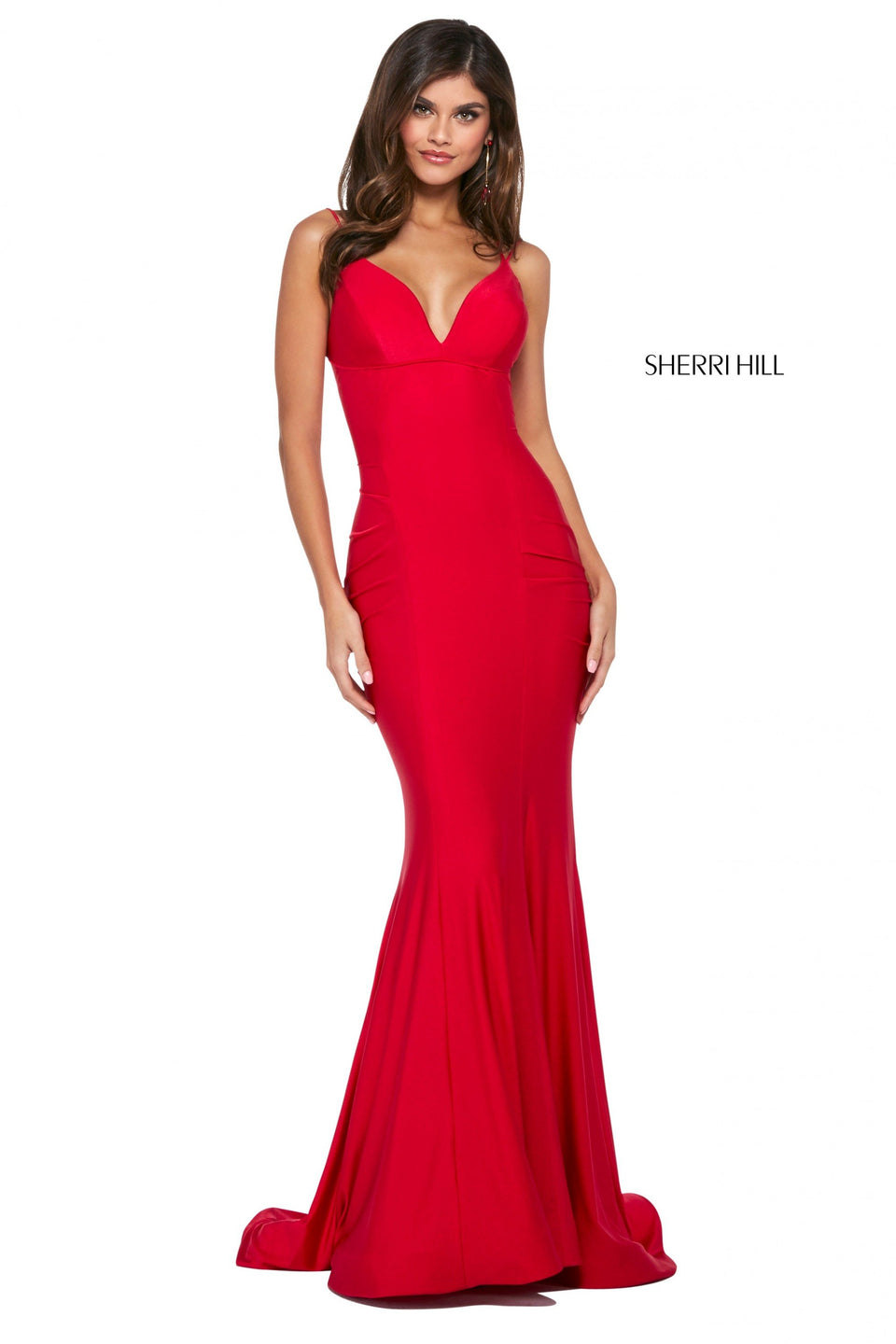 sherri hill Jersey dress with V sweetheart neckline strappy lace up back and ruched lower back and hips