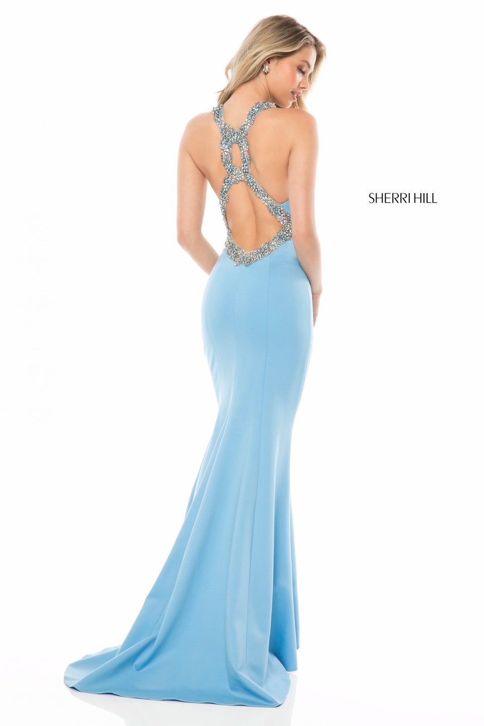 sherri hill Jersey fitted gown with beaded neckline and cut out back