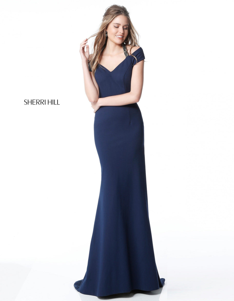 Sherri Hill Jersey Mermaid Gown With Off Shoulder Sweetheart Bodice And Cut Out Back