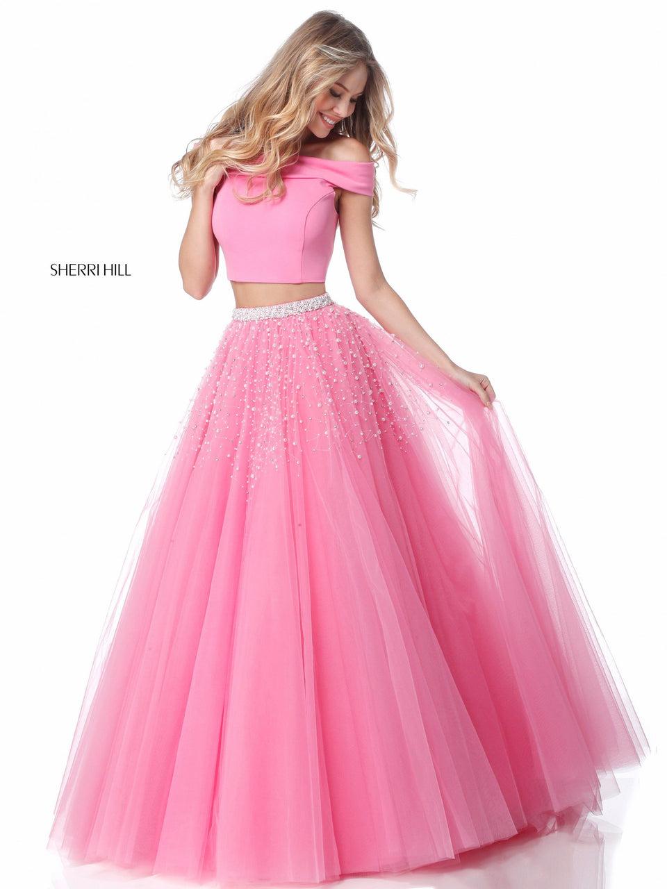 sherri hill Jersey off-the-shoulder bodice and tulle A-line skirt with beaded belt and appliques