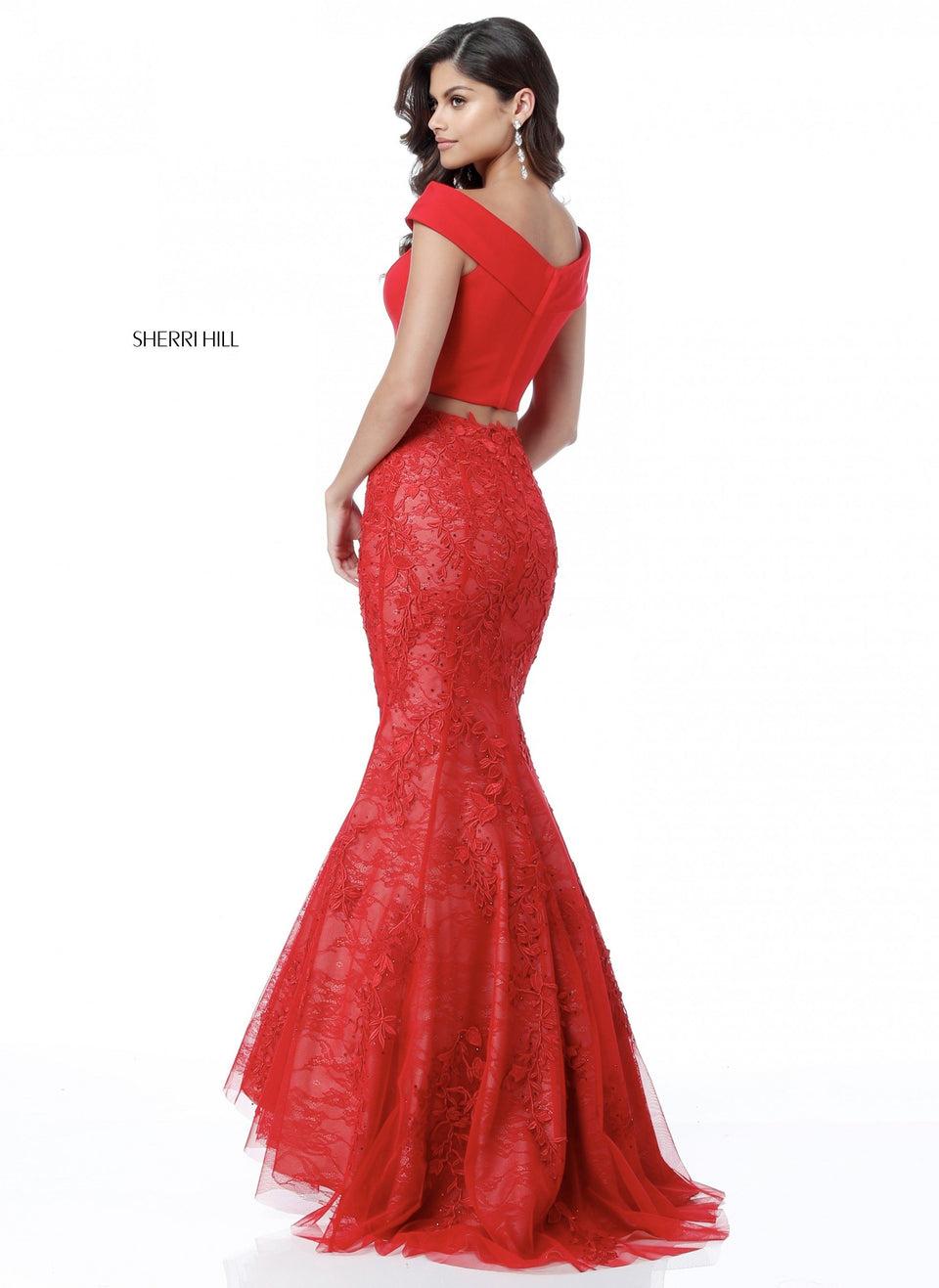 Sherri Hill Jersey Off-the-shoulder Crop Top And A Lace Trumpet Skirt