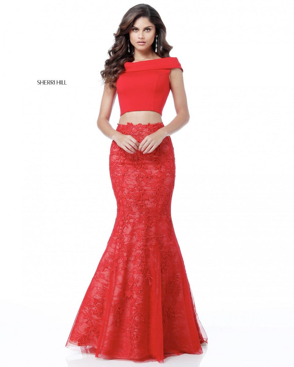 Sherri Hill Jersey Off-the-shoulder Crop Top And A Lace Trumpet Skirt