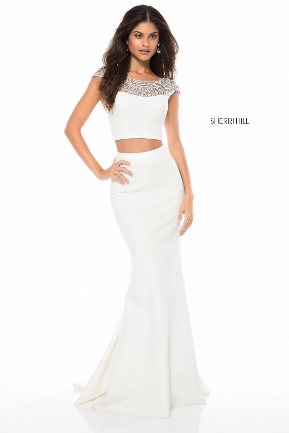 Sherri Hill Jersey Two Piece With Bead And Pearl Encrusted Neckline And Mermaid Skirt