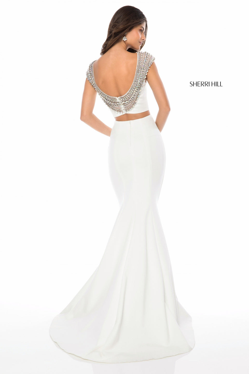 Sherri Hill Jersey Two Piece With Bead And Pearl Encrusted Neckline And Mermaid Skirt