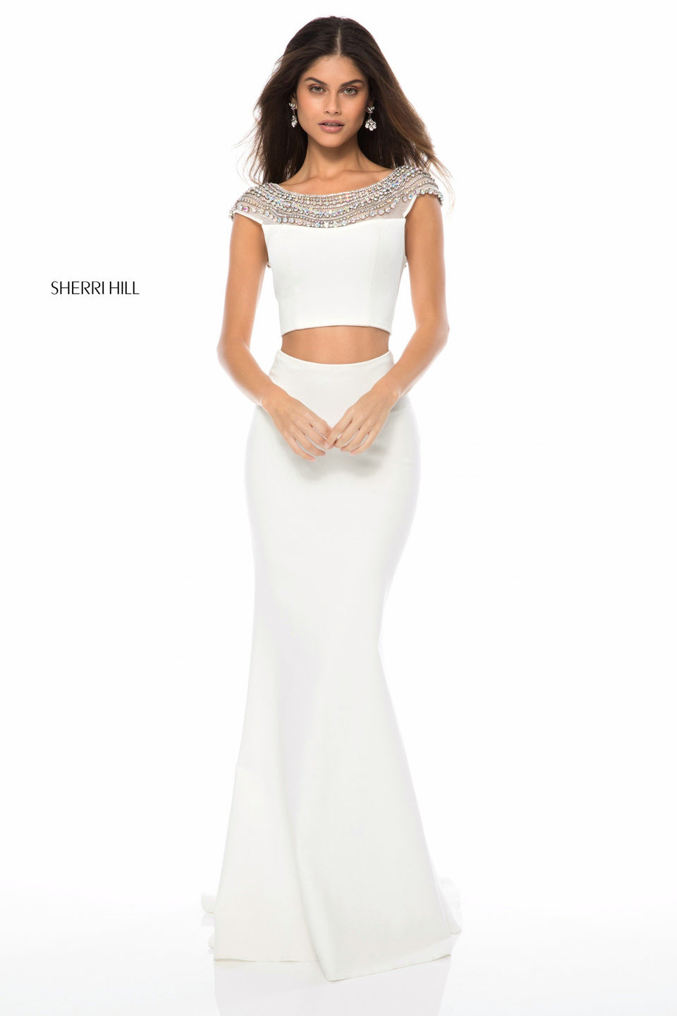 sherri hill Jersey two piece with bead and pearl encrusted neckline and mermaid skirt