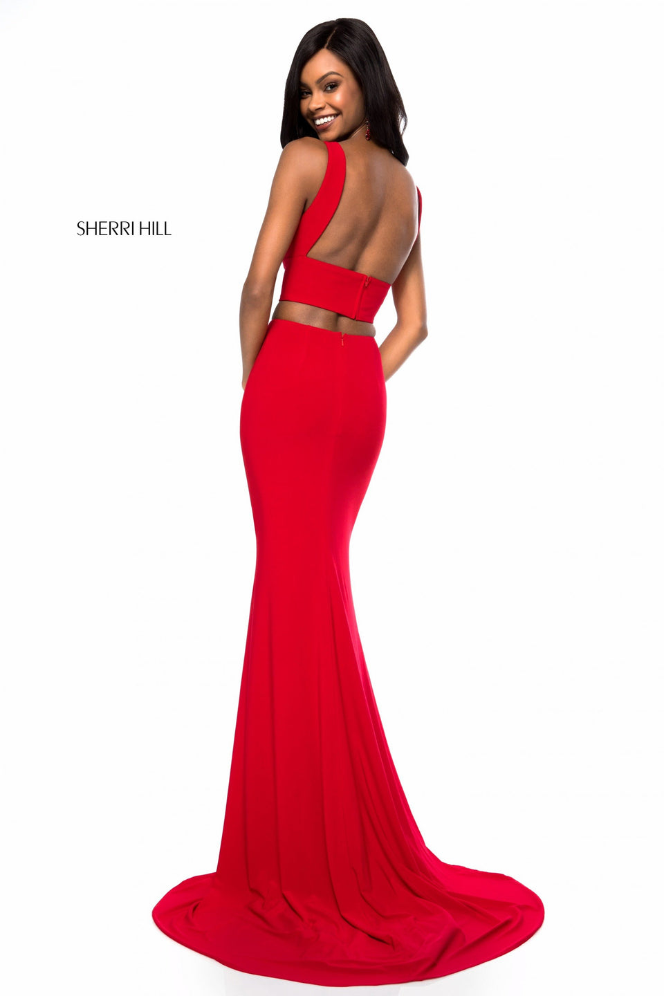 Sherri Hill Jersey Two Piece With Cross Front Keyhole And Slit Skirt