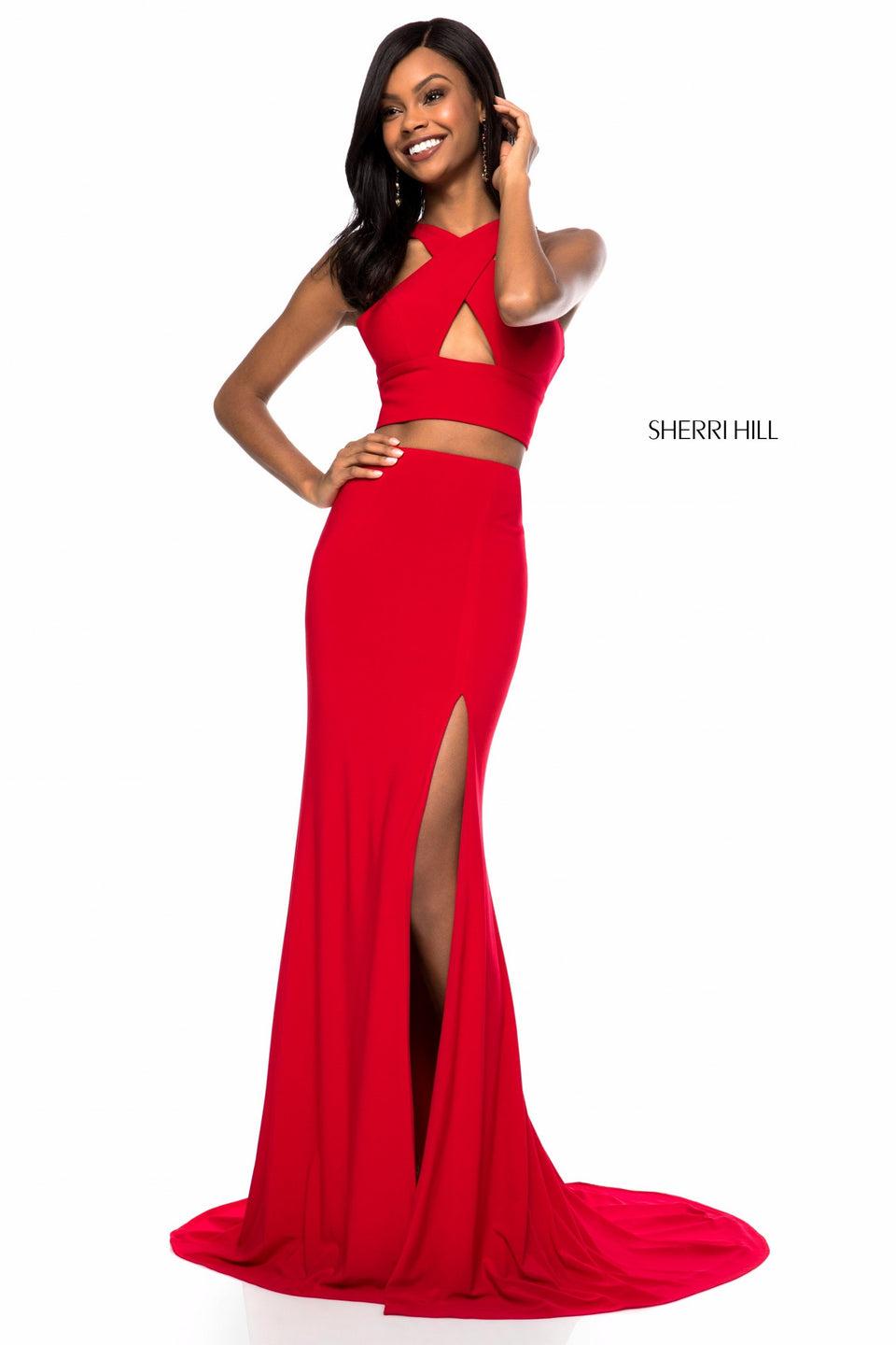 Sherri Hill Jersey Two Piece With Cross Front Keyhole And Slit Skirt