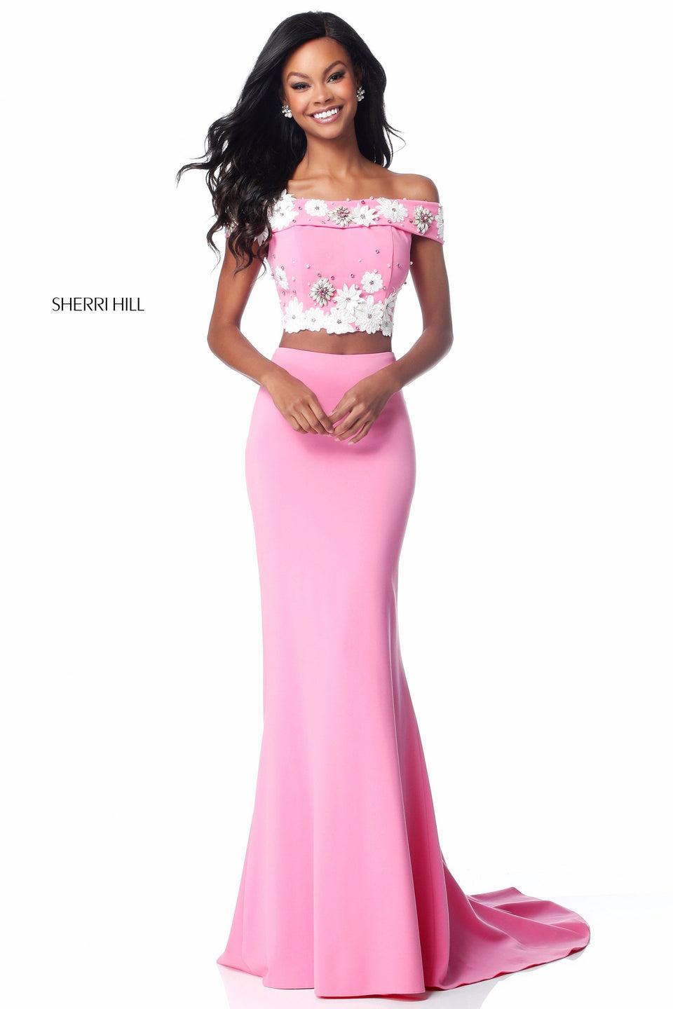 sherri hill Jersey two piece with flower and bead appliqued bodice and fitted skirt