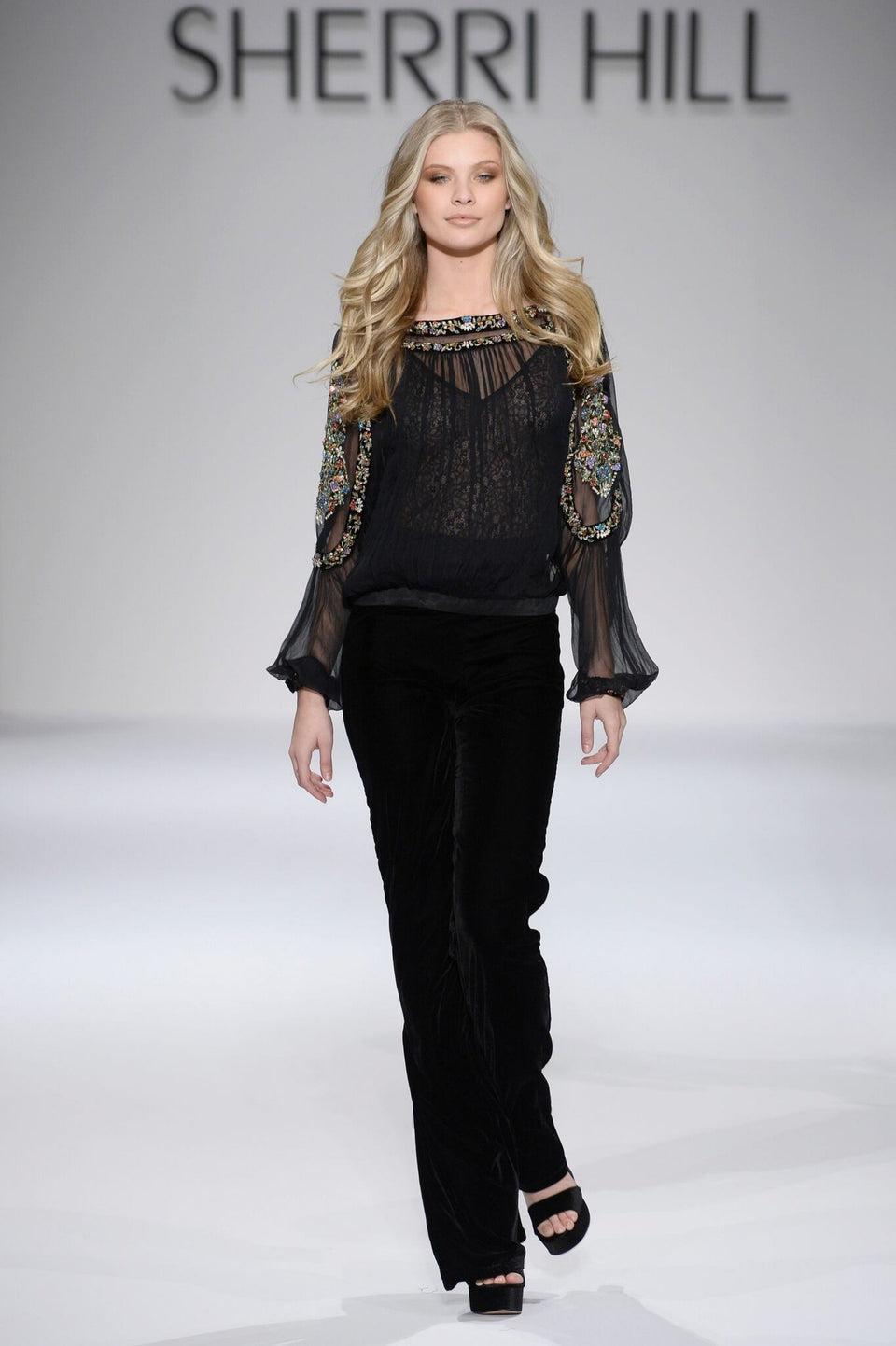 sherri hill Jumper with velvet pants and sheer top with long embroidered sleeves