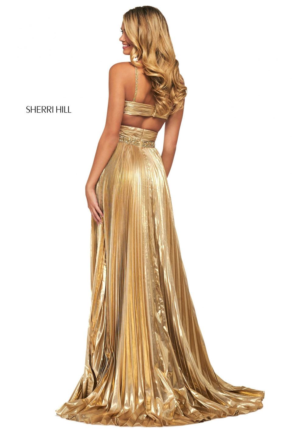 Sherri Hill Knife Pleated LamÃ© Gown With Ruched Criss-cross Wrap Bodice Beaded Waistband And Straps And Skirt Slit