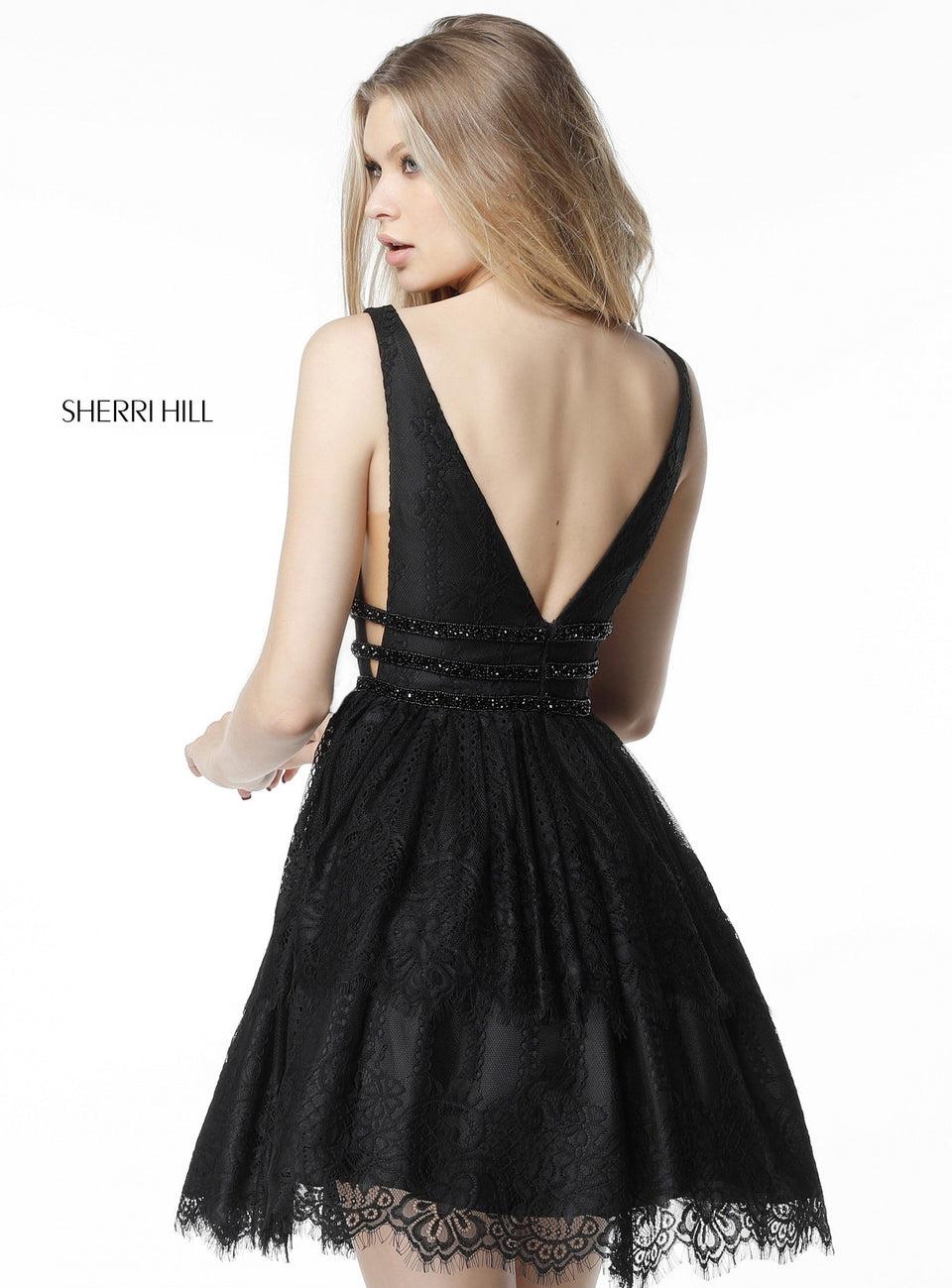 Sherri Hill Lace A-line Cocktail With Deep V And Strappy Beaded Belt