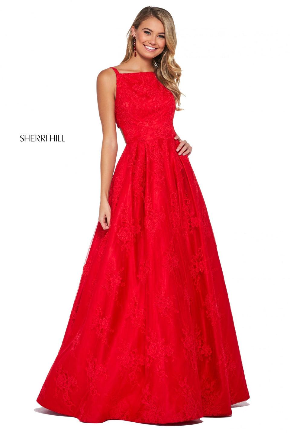 sherri hill Lace A-line dress with bateau neckline and cut out back
