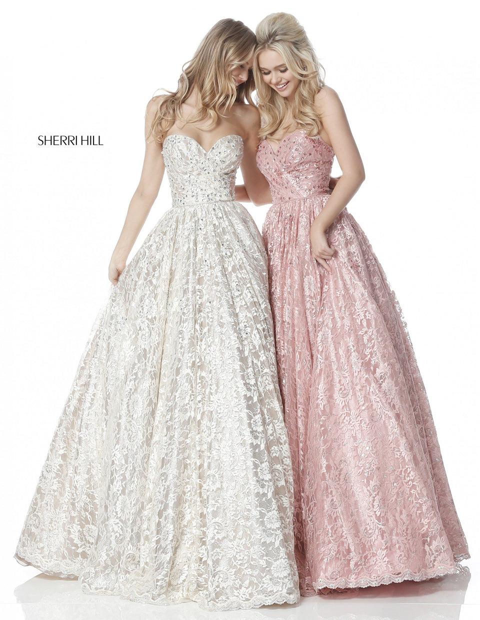 sherri hill Lace and bead appliqued ball gown with strapless sweetheart bodice