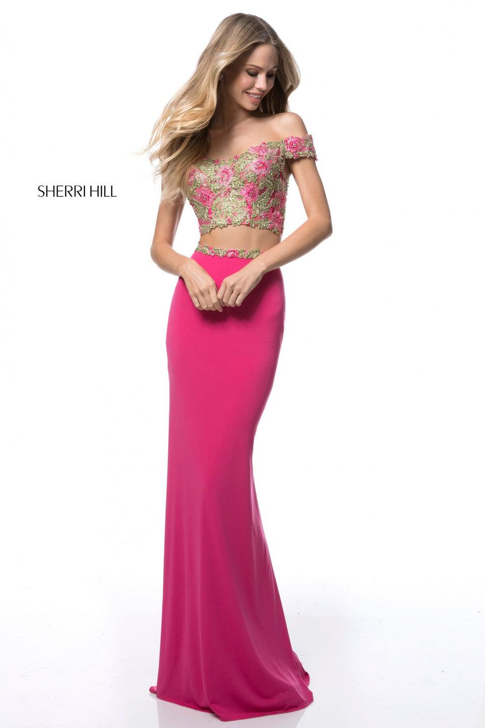 sherri hill Lace and beaded bodice with off-the-shoulder straps and seperate fitted jersey skirt with lace and bead encrusted belt