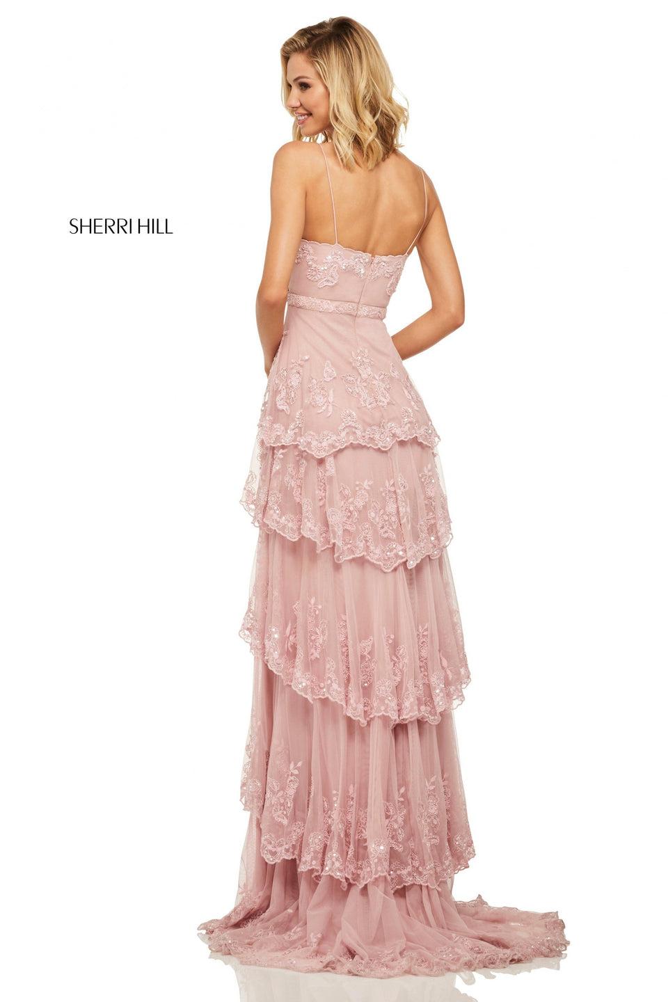 Sherri Hill Lace And Chiffon Tiered Gown With Sweetheart Neckline And Spaghetti Straps