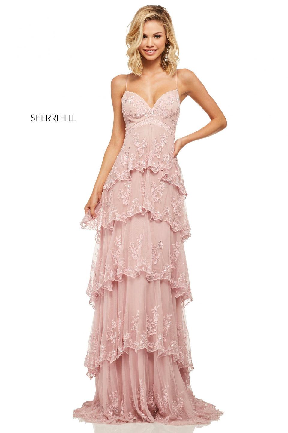 sherri hill Lace and chiffon tiered gown with sweetheart neckline and spaghetti straps