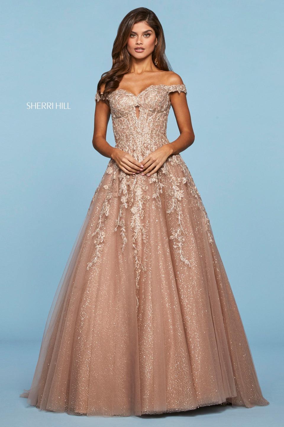Sherri Hill Lace And Glitter Tulle Ball Gown With Off-the-shoulder Sweetheart Neckline And Cut Out Under Bust