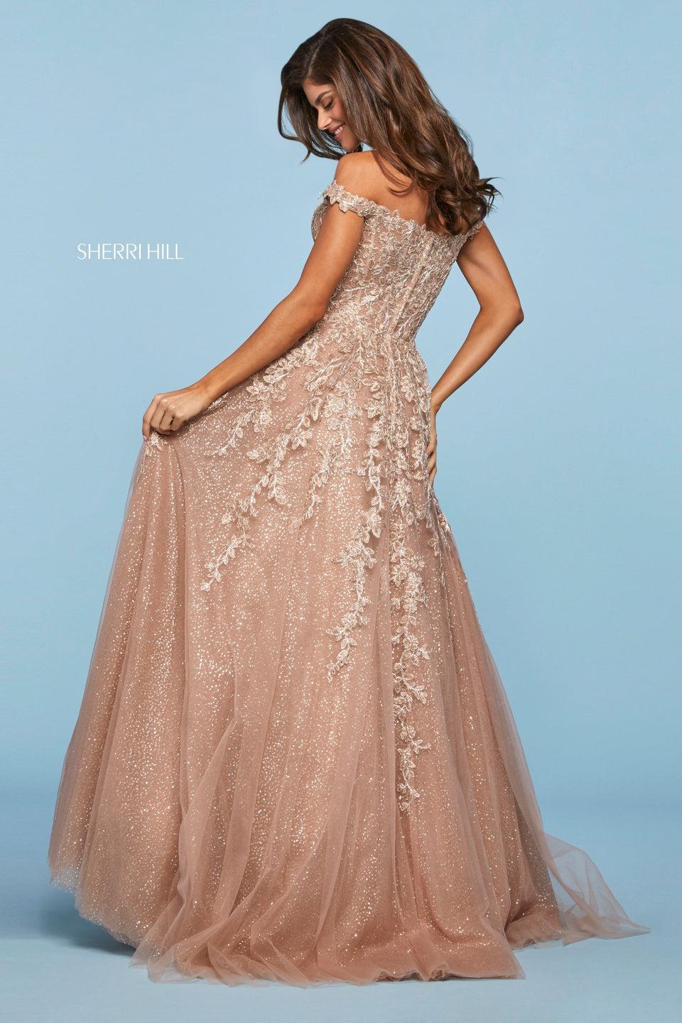 Sherri Hill Lace And Glitter Tulle Ball Gown With Off-the-shoulder Sweetheart Neckline And Cut Out Under Bust