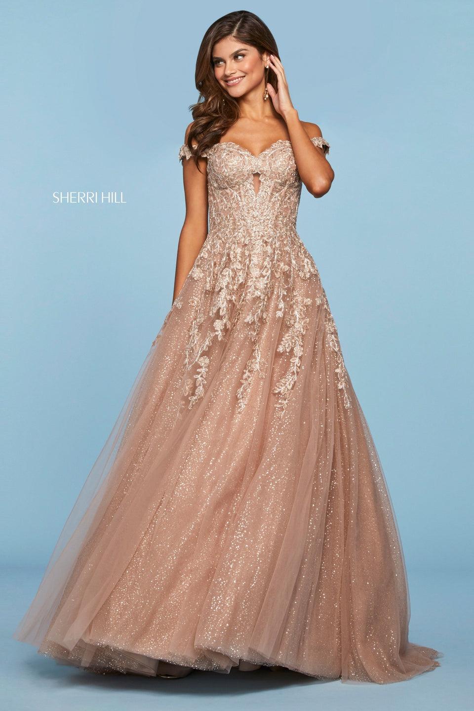 sherri hill Lace and glitter tulle ball gown with off-the-shoulder sweetheart neckline and cut out under bust