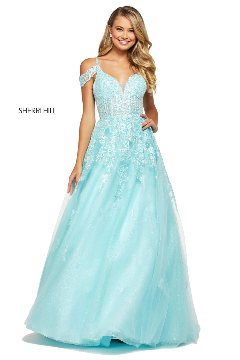 sherri hill Lace and glitter tulle ball gown with sweetheart neckline cold shoulder straps and lace up back
