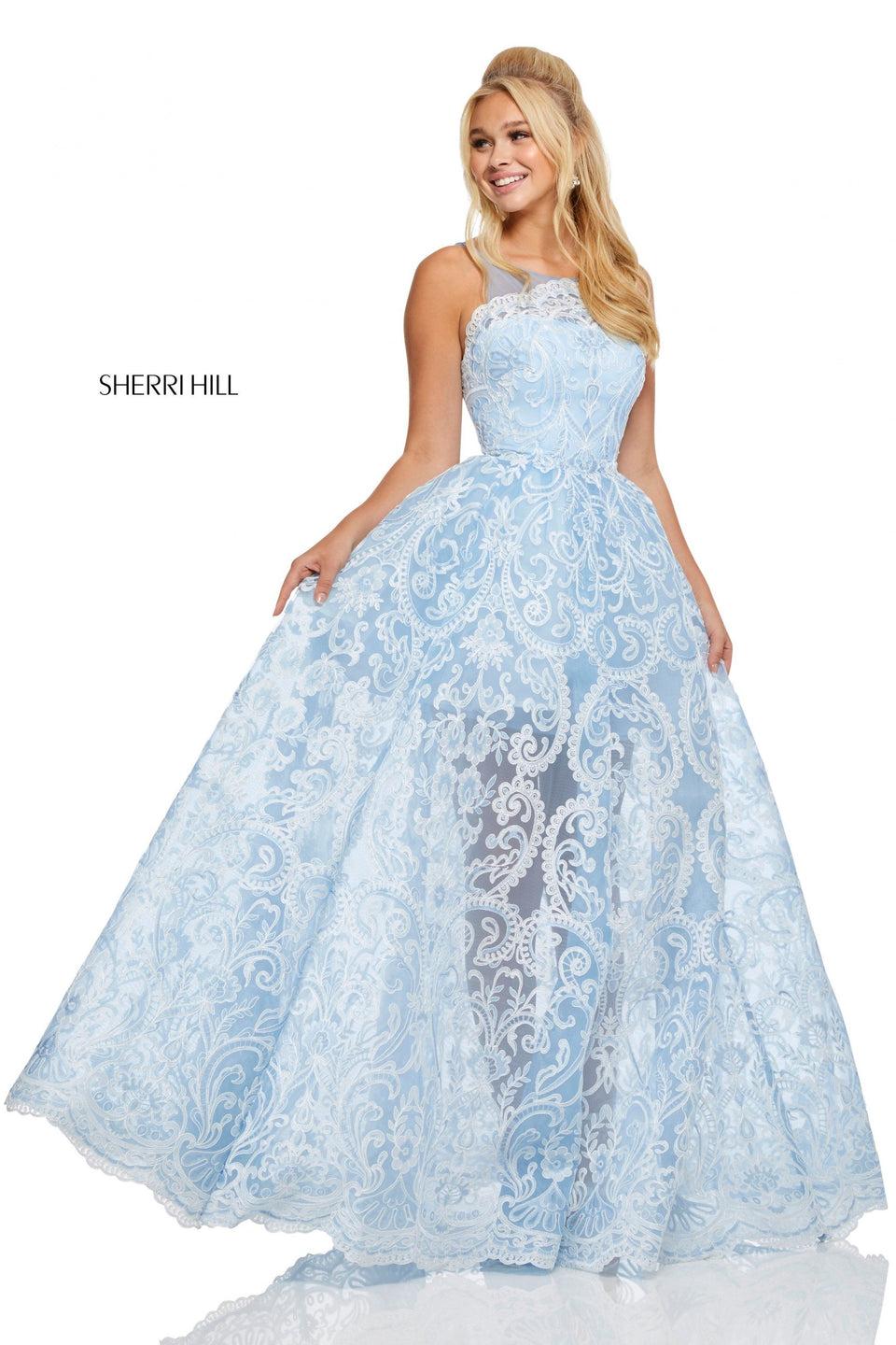 sherri hill Lace and organza ball gown with sheer skirt and sheer illusion neckline