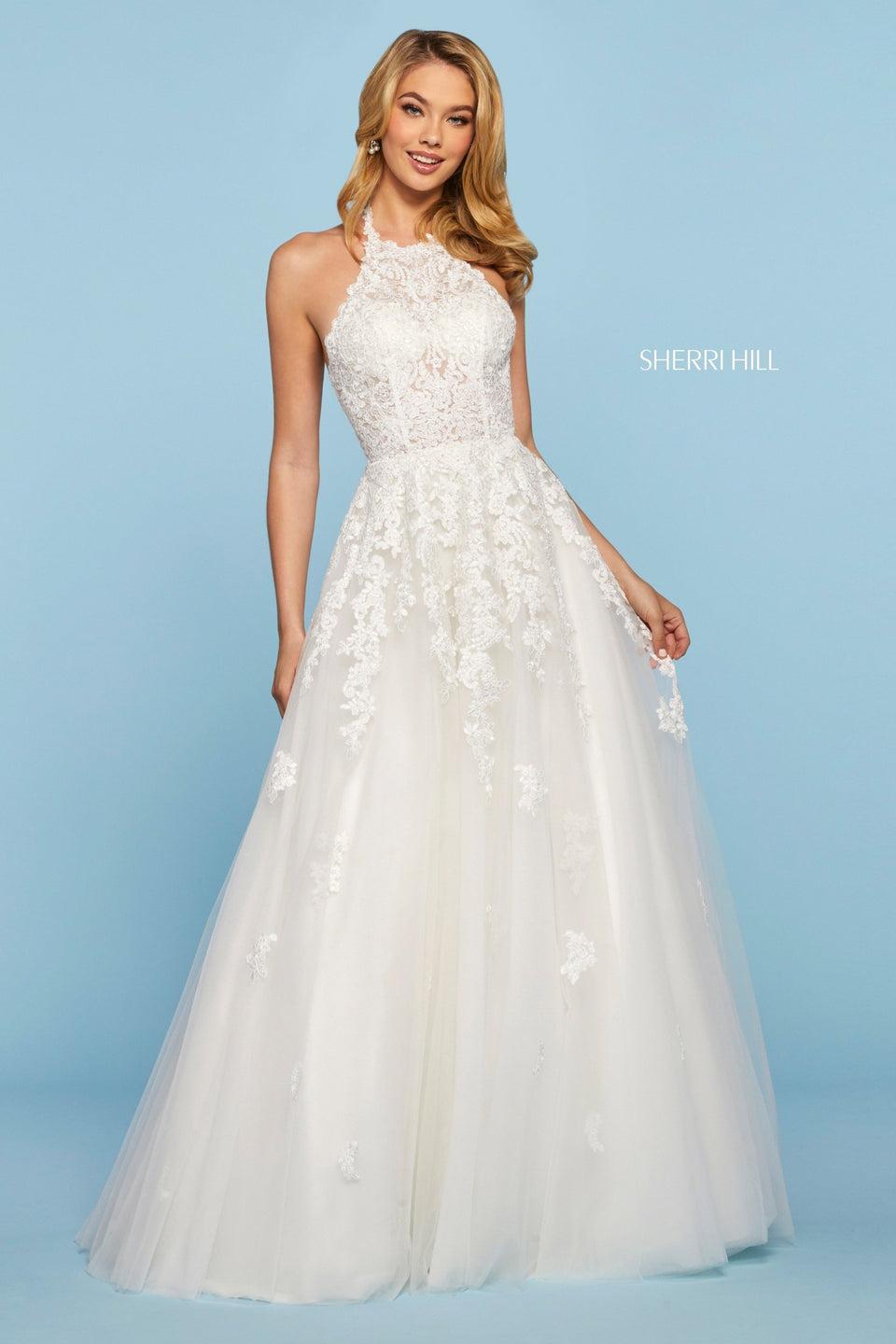 Sherri Hill Lace And Tulle A-line Dress With High Cut Halter Neckline