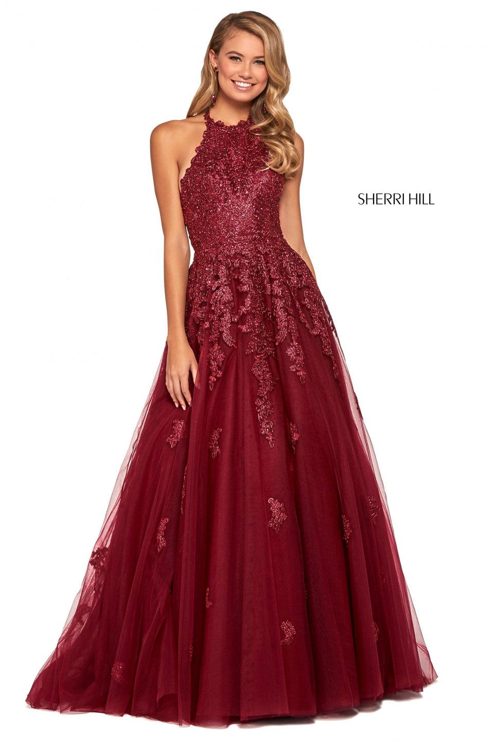 sherri hill Lace and tulle A-line dress with high cut halter neckline