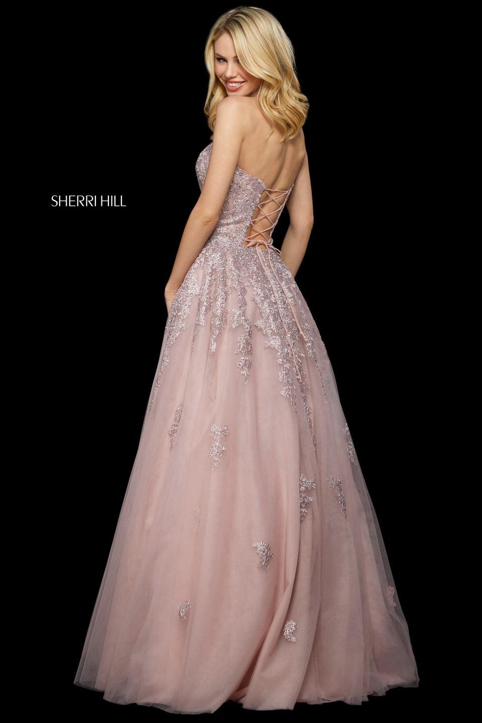 Sherri Hill Lace And Tulle A-line Dress With Strapless Neckline And Corset Style Lace Up Back
