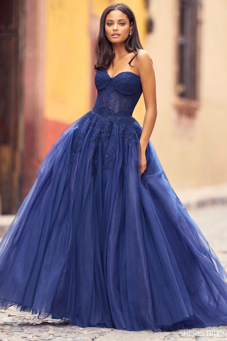 sherri hill Lace and tulle ball gown with strapless sweetheart neckline boned bodice