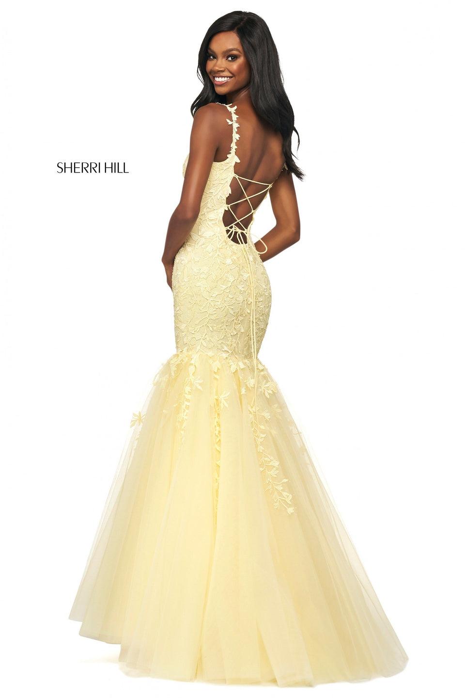 sherri hill Lace and tulle mermaid dress with lace up back