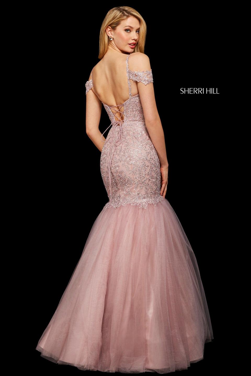 Sherri Hill Lace And Tulle Mermaid Dress With Sweetheart Neckline And Cold Shoulder Straps And Corset Style Lace Up Back