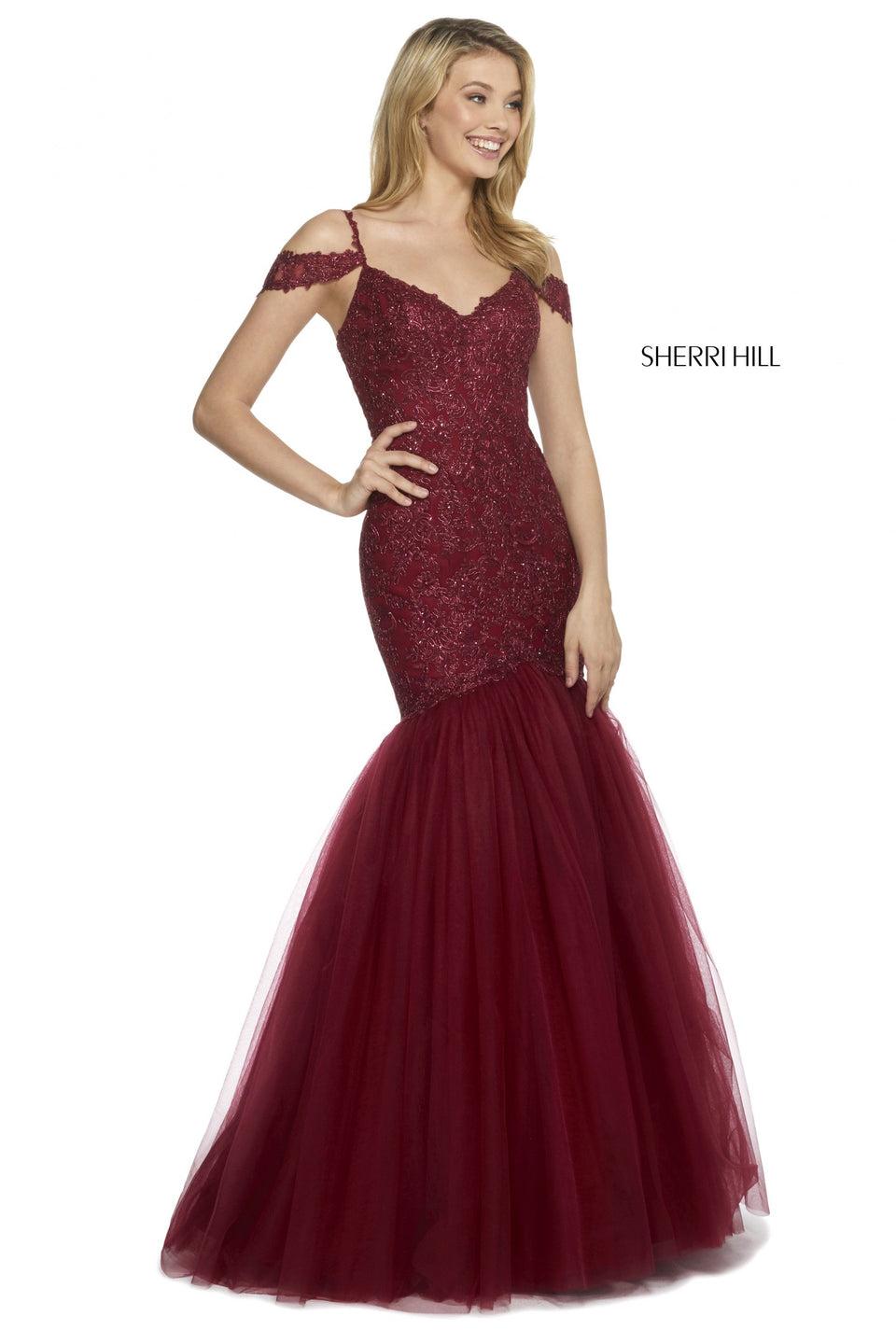 Sherri Hill Lace And Tulle Mermaid Dress With Sweetheart Neckline And Cold Shoulder Straps And Corset Style Lace Up Back