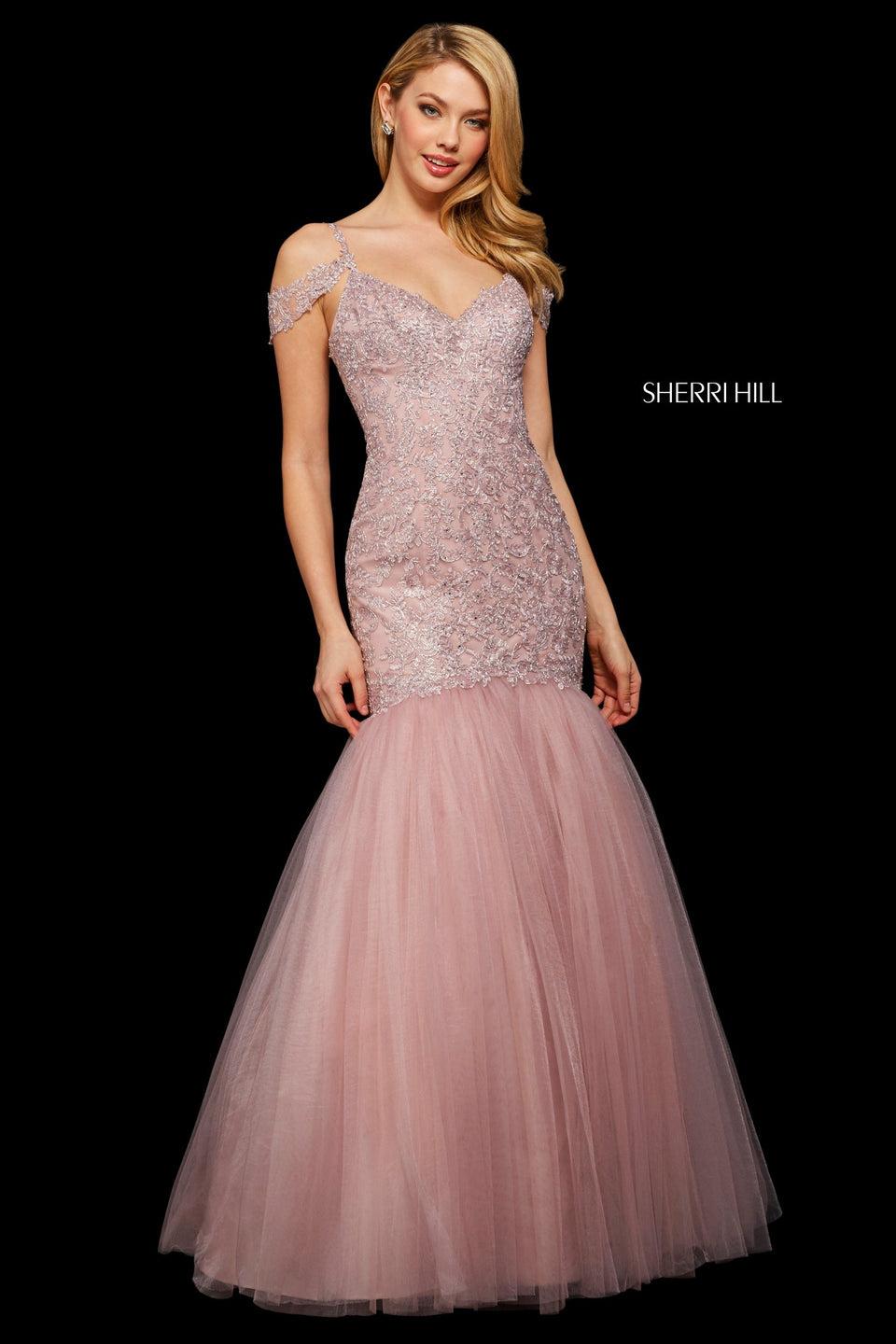 sherri hill Lace and tulle mermaid dress with sweetheart neckline and cold shoulder straps and corset style lace up back
