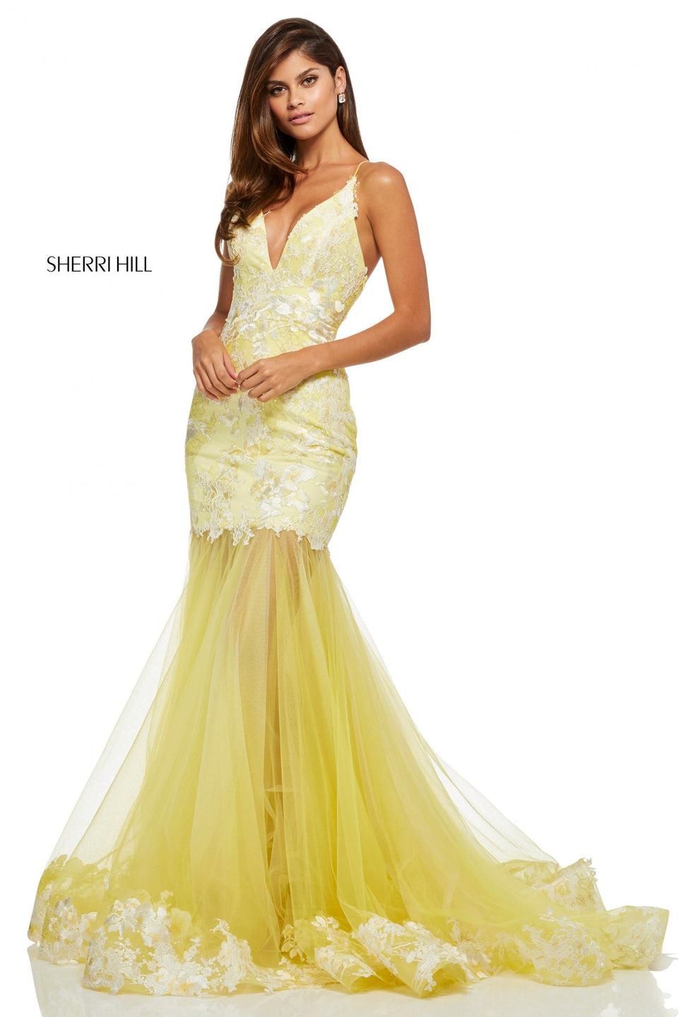 Sherri Hill Lace And Tulle Mermaid With Deep-V Neck Lace Trim At The Hem And Criss Cross Straps In The Back