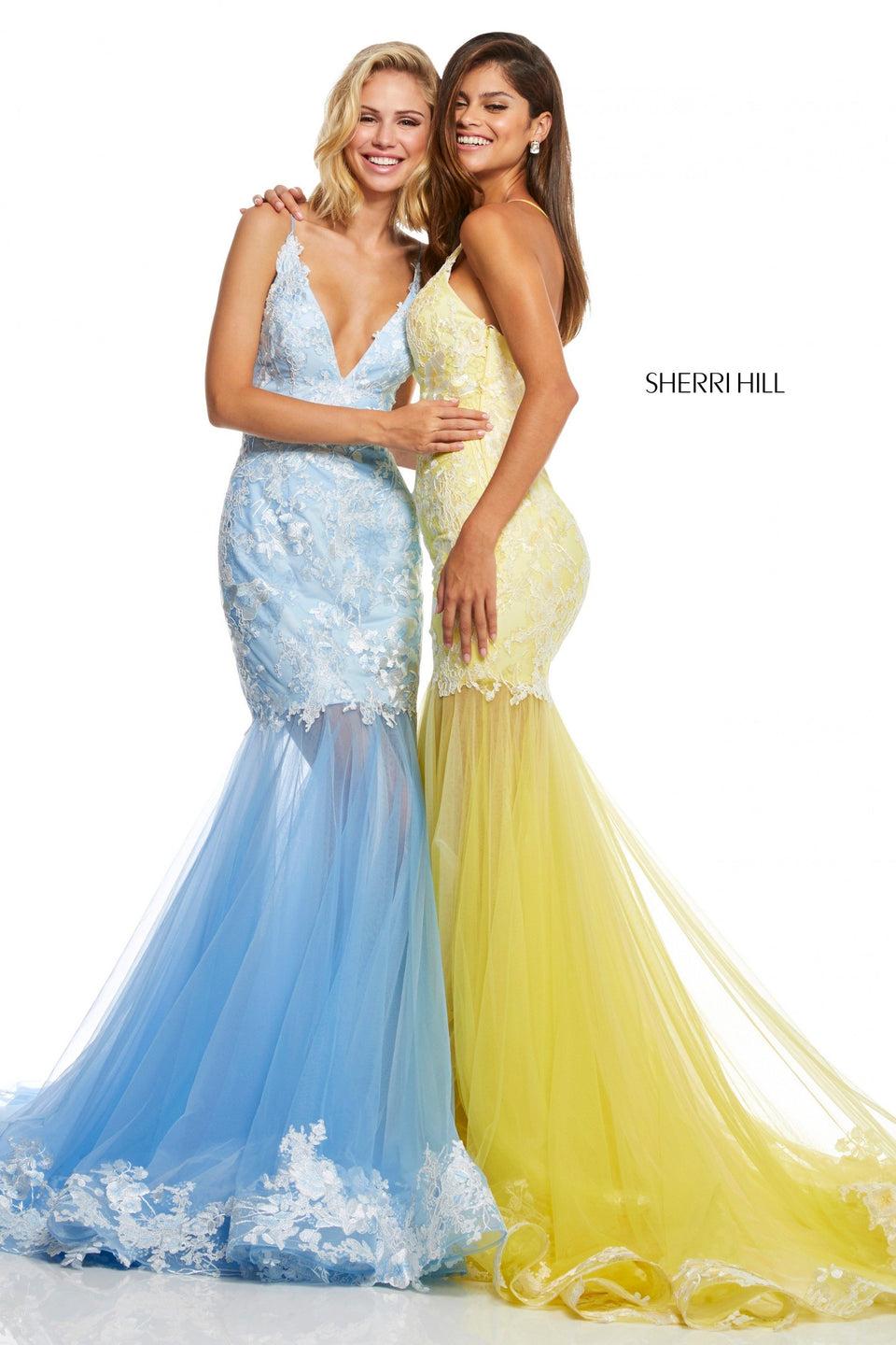 Sherri Hill Lace And Tulle Mermaid With Deep-V Neck Lace Trim At The Hem And Criss Cross Straps In The Back