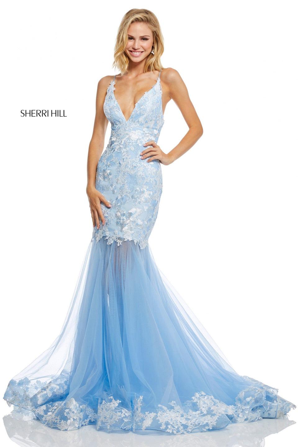 sherri hill Lace and tulle mermaid with deep-V neck lace trim at the hem and criss cross straps in the back