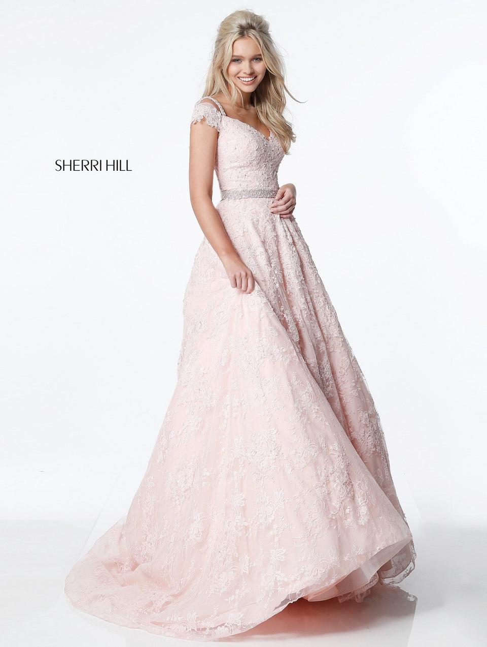 sherri hill Lace appliqued A-line gown with off shoulder sweetheart bodice and bead appliqued spaghetti straps