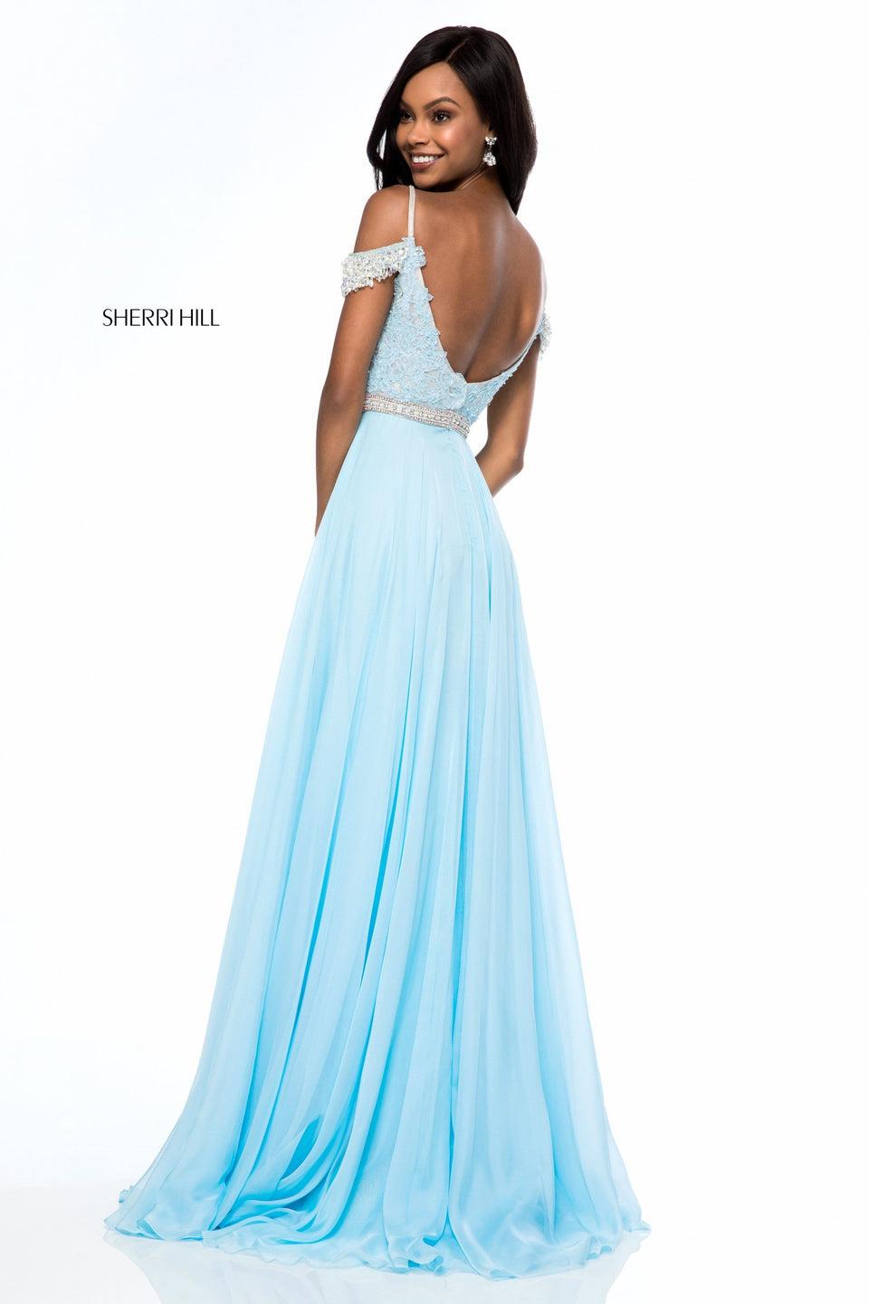 Sherri Hill Lace Appliqued Bodice With Beaded Off-the-shoulder Straps And Chiffon Skirt
