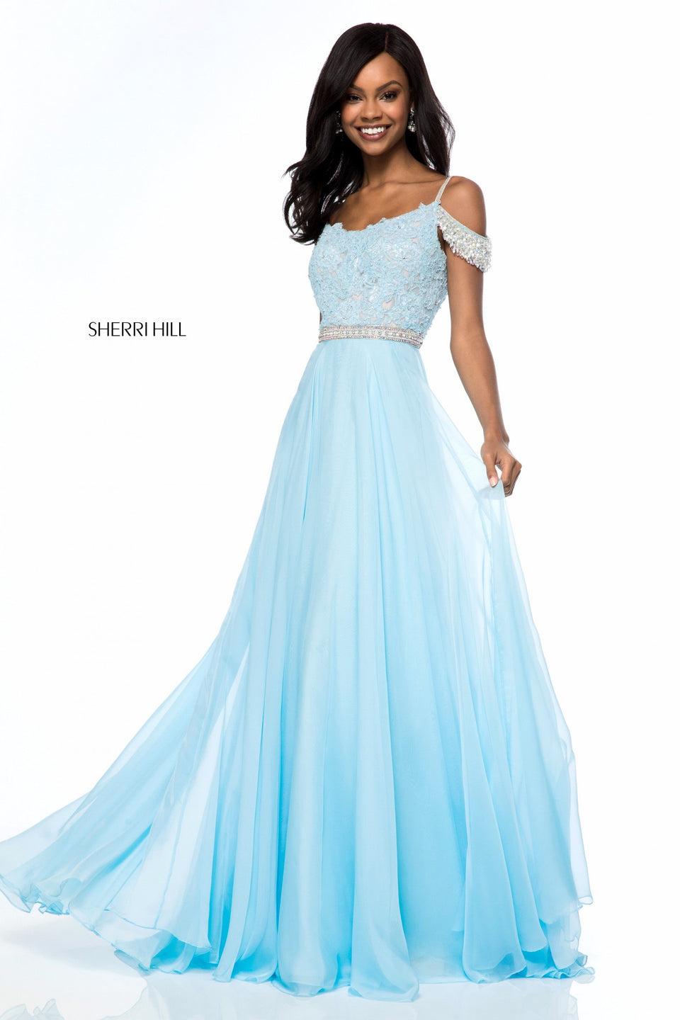 Sherri Hill Lace Appliqued Bodice With Beaded Off-the-shoulder Straps And Chiffon Skirt