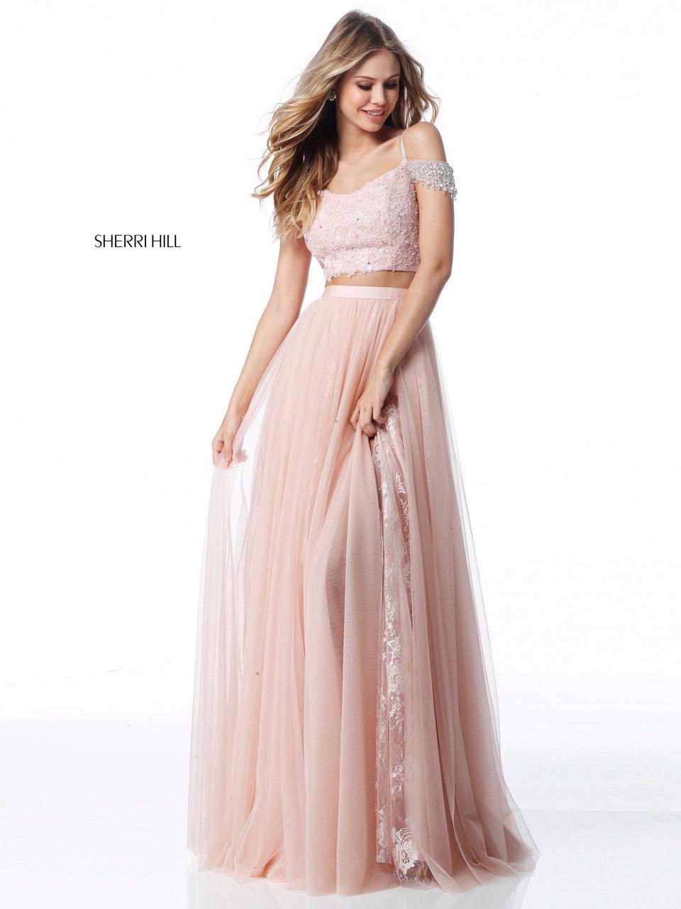 Sherri Hill Lace Appliqued Bodice With Beaded Shoulder Strap Detail And Tulle Skirt