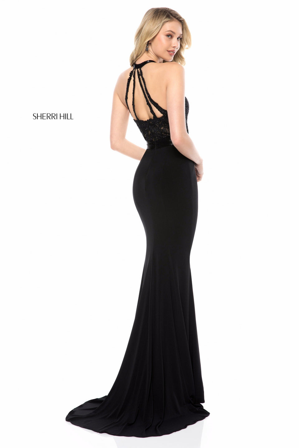 Sherri Hill Lace Appliqued Bodice With Cut Out Front And Fitted Jersey Skirt