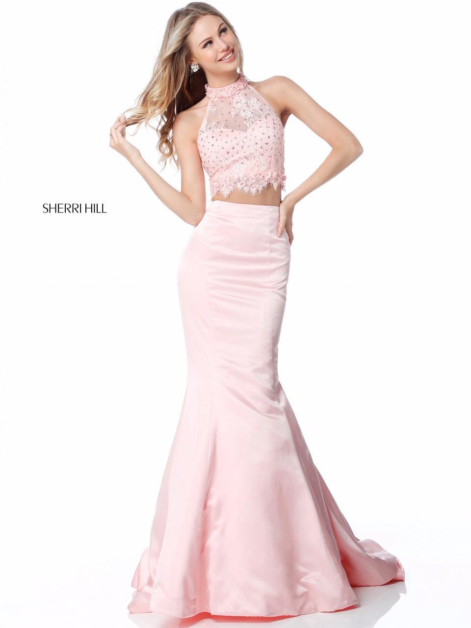 sherri hill Lace appliqued bodice with high neck and separate taffeta mermaid skirt