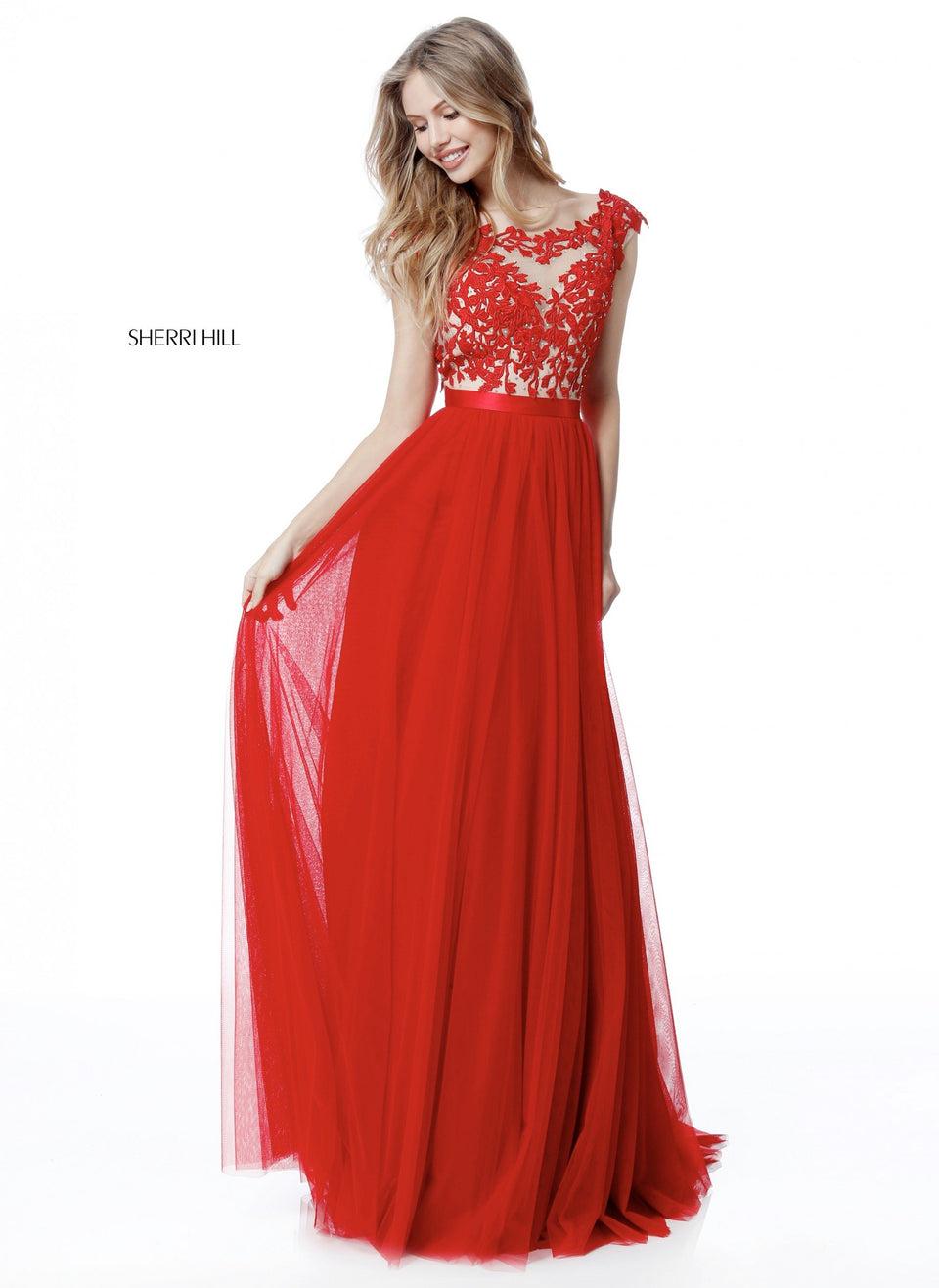 Sherri Hill Lace Appliqued Bodice With Low Back And Chiffon Skirt