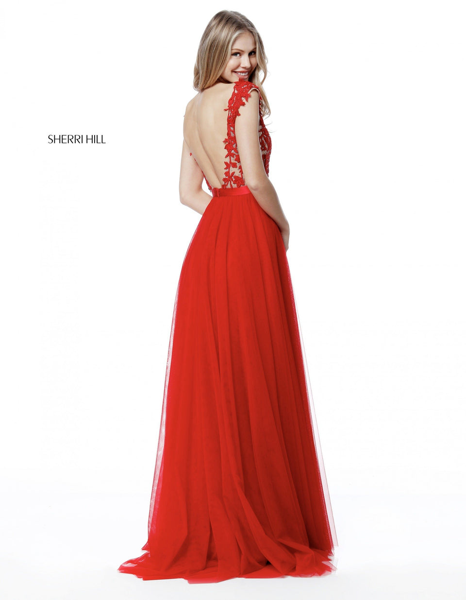 Sherri Hill Lace Appliqued Bodice With Low Back And Chiffon Skirt