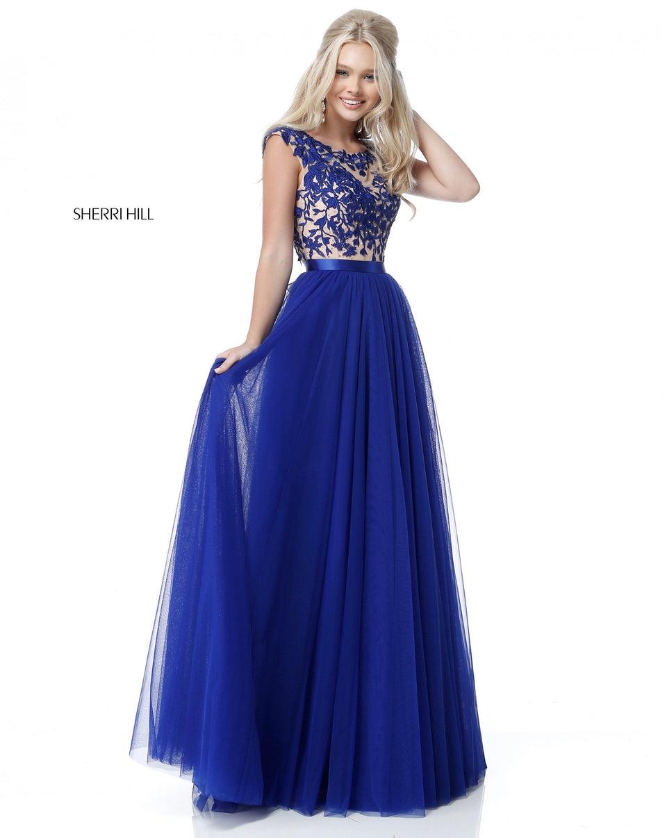 Sherri Hill Lace Appliqued Bodice With Low Back And Chiffon Skirt