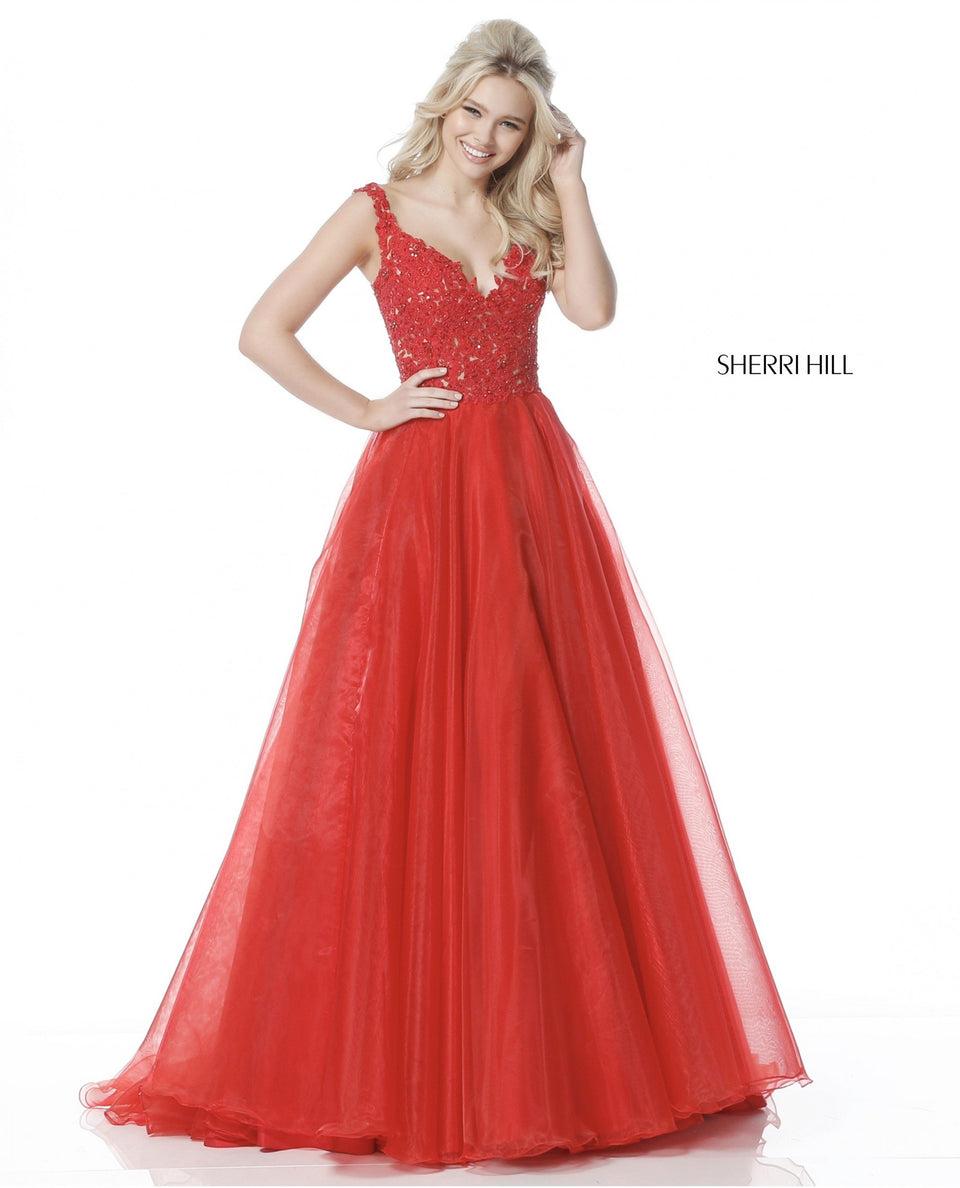 Sherri Hill Lace Appliqued Deep V Bodice With Taffeta Ball Gown Skirt