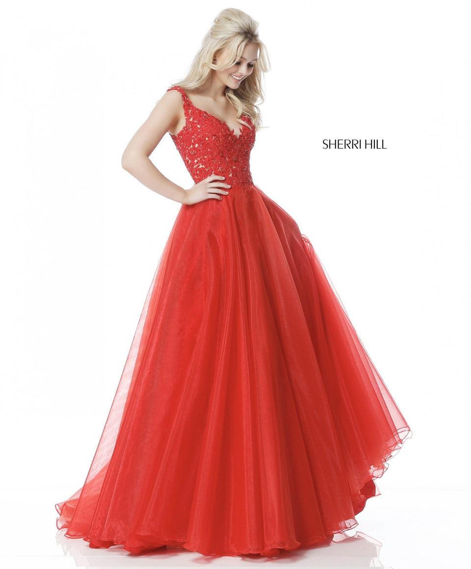 Sherri Hill Lace Appliqued Deep V Bodice With Taffeta Ball Gown Skirt