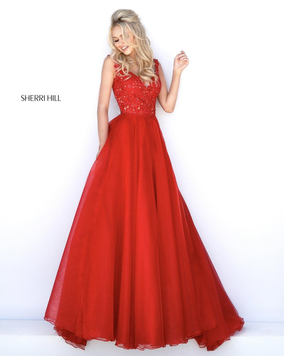 Sherri Hill Lace Appliqued Deep V Bodice With Taffeta Ball Gown Skirt