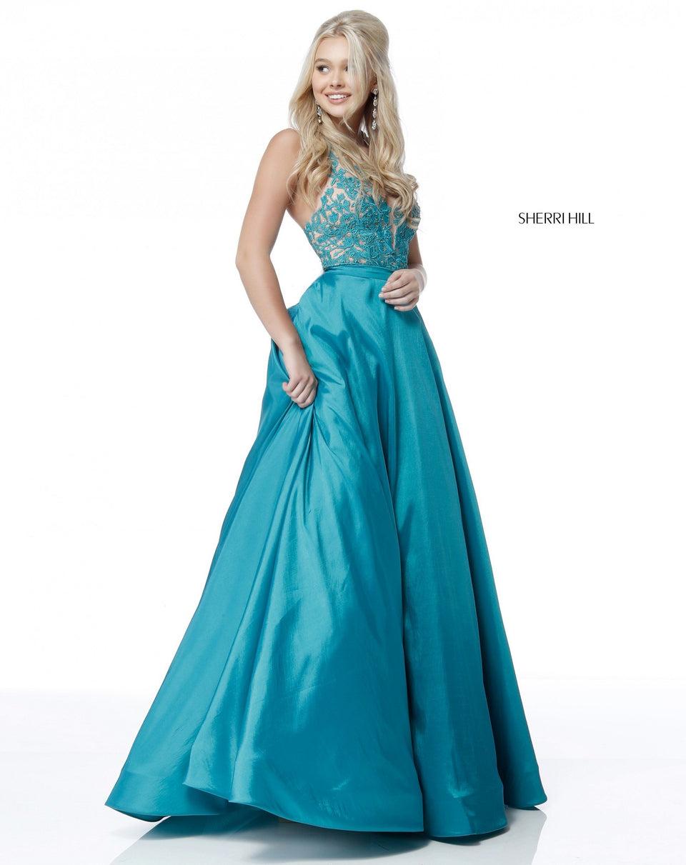 Sherri Hill Lace Appliqued Deep V Bodice With Taffeta Ball Gown Skirt